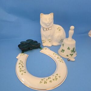 Ceramic Lucky Cat, Bell & Horseshoe Set with Shamrock Motif